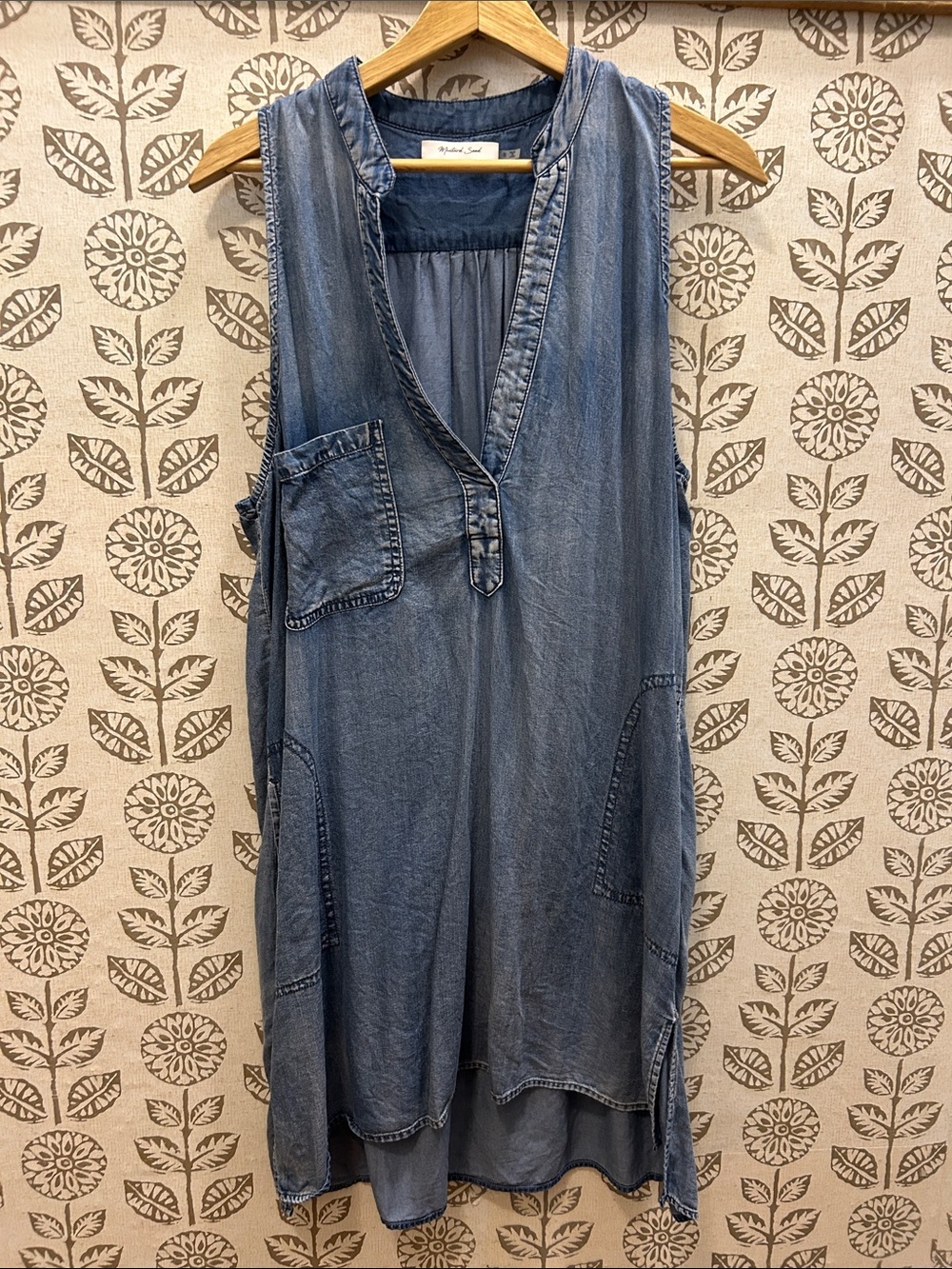 Washed Chambray Sleeveless Tunic Dress - Blue